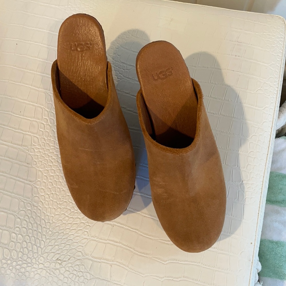 Ugh tan leather wedge mule clogs